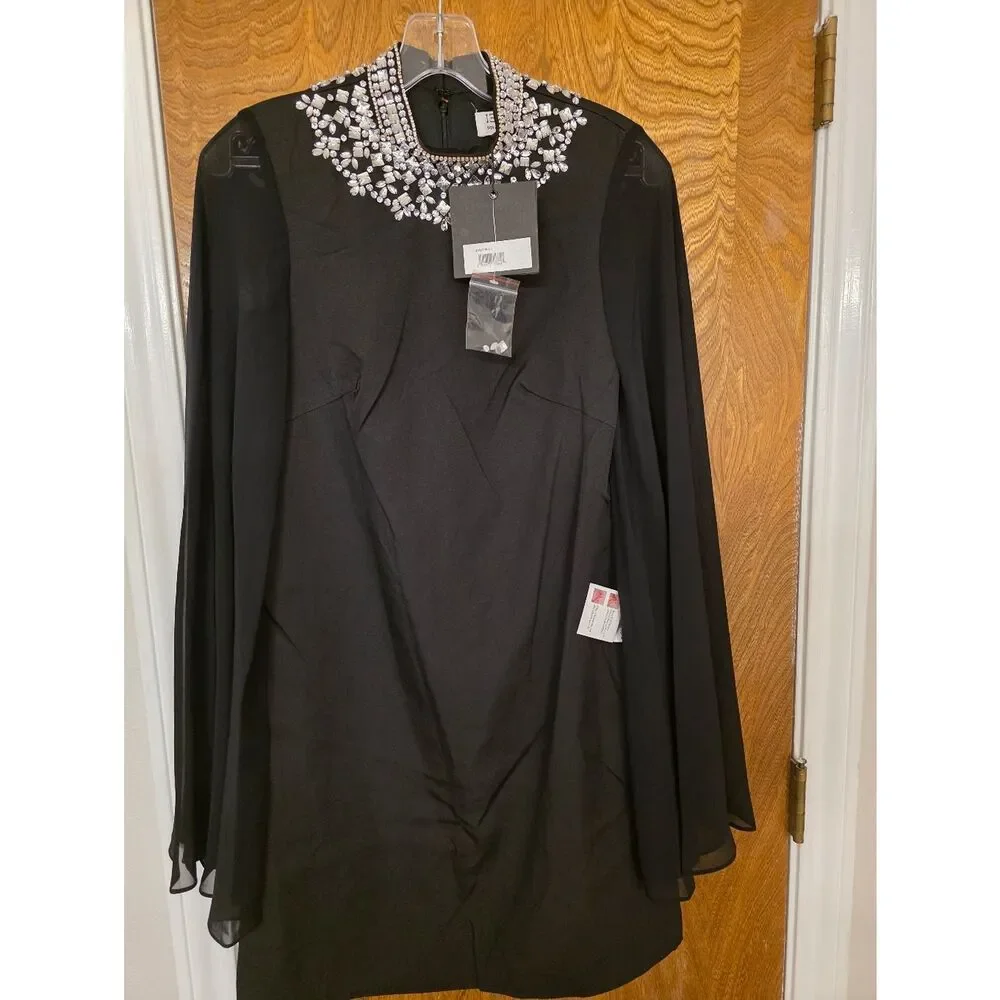 Mac Dugal Black Embellished Neck Bell-Sleeve Mini Dress SIZE 2 NWT 59607